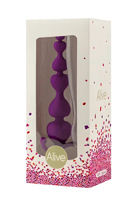 Jouet anal à perles violettes dans son emballage.