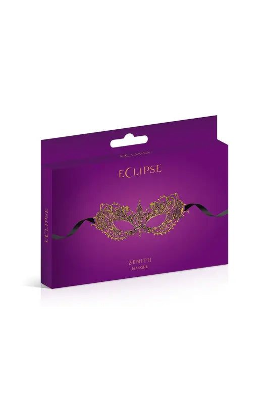 Boîte violette avec un masque décoratif.