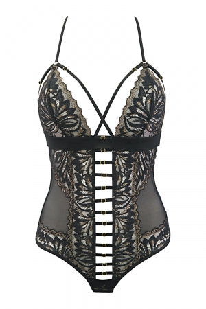 Body string tulle et dentelle noir V-10100