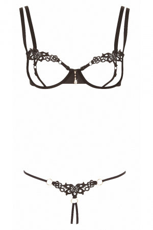 Ensemble dentelle string ouvert et seins nus noir Cottelli Lingerie