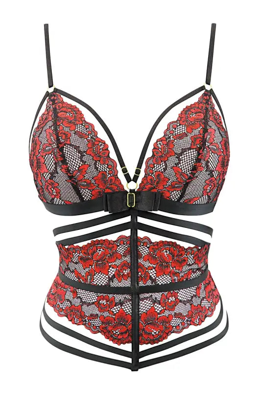 Lingerie en dentelle florale rouge et noire.