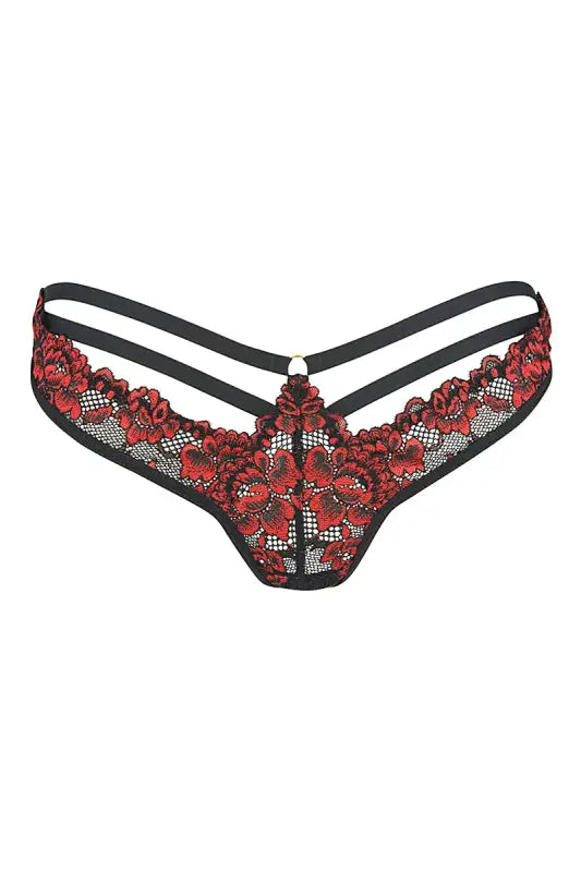 String en dentelle florale rouge et noire.