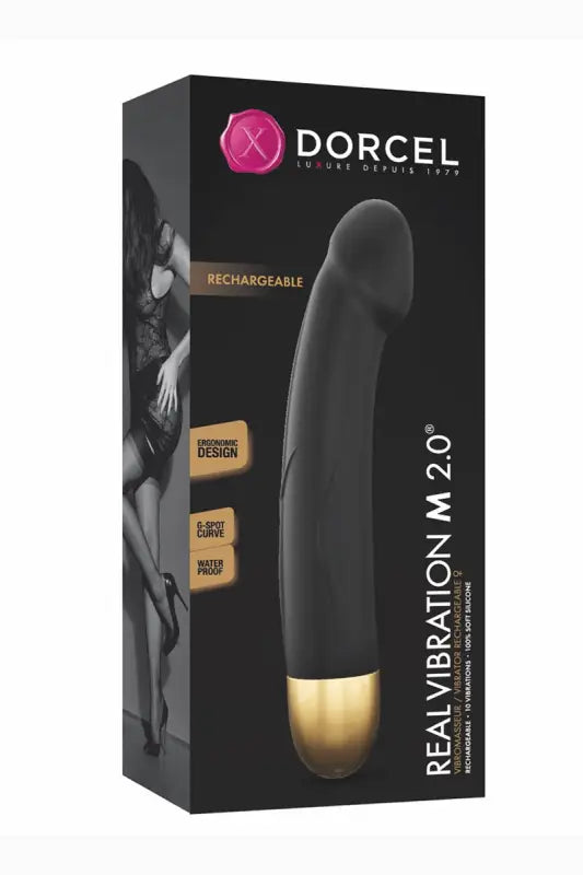 Vibrateur noir et or dans son emballage.