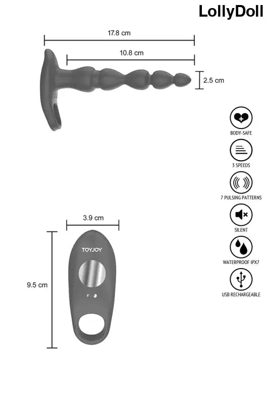 Dimension du vibromasseur combiné avec un cockring longeur totale 17.8cm longeur insérable 10.8cm. Sur LollyDoll votre partenaire de plaisir